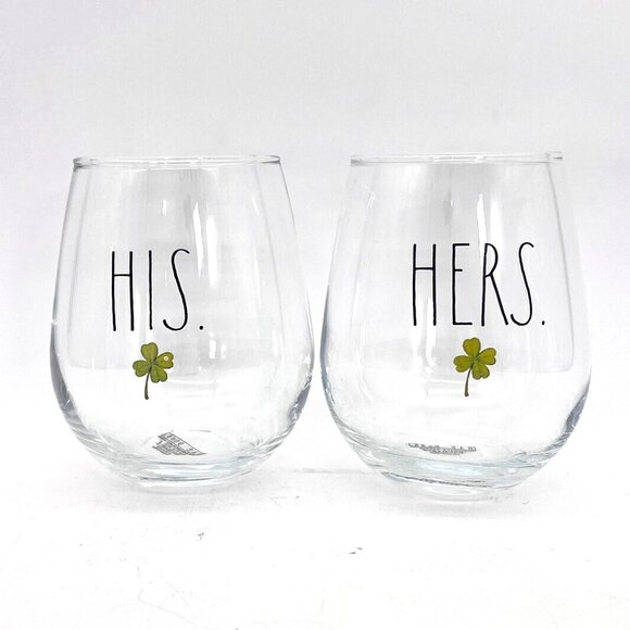 Rae Dunn Stemless Wine Glass Set His & Hers Shamrock Enchante' Accessories 2021 - Picture 1 of 9